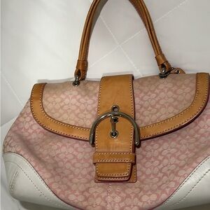 Coach Pink and Tan Satchel with Signature Monogram